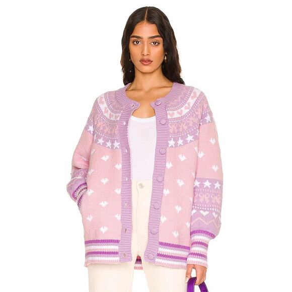 LoveShackFancy Amalo Boyfriend Cardigan Sweater Macaron Pink heart bow size XL - Picture 12 of 16